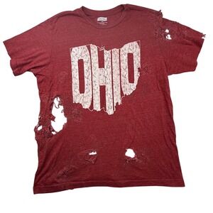Thrashed Mens Large Ohio thin distressed stains T Shirt Distressed Red holes
